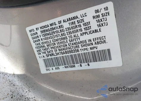 2010 Honda Odyssey Ex-L from USA, damaged, VIN 5FNRL3H78AB090356
